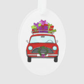 Rode auto met kerstcadeaus ornament (achterkant)