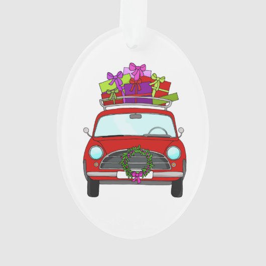 Rode auto met kerstcadeaus ornament (achterkant)