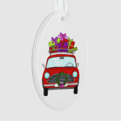 Rode auto met kerstcadeaus ornament (voorkant)
