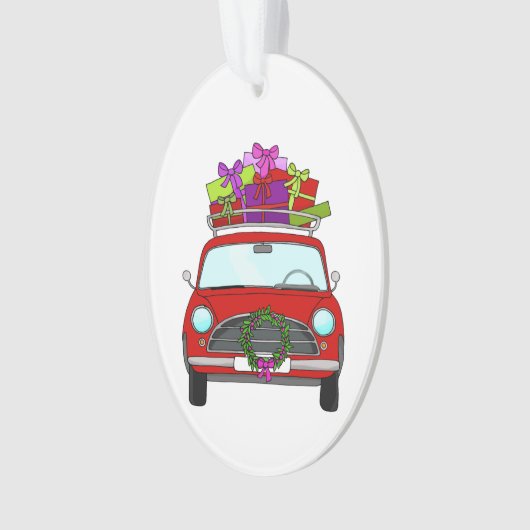 Rode auto met kerstcadeaus ornament (voorkant)