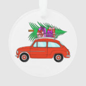 Rode auto met kerstcadeaus ornament (achterkant)