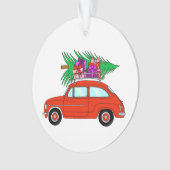 Rode auto met kerstcadeaus ornament (voorkant)