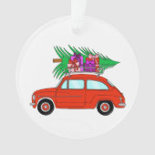 Rode auto met kerstcadeaus ornament (voorkant)