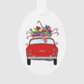 Rode auto met kerstcadeaus ornament (voorkant)