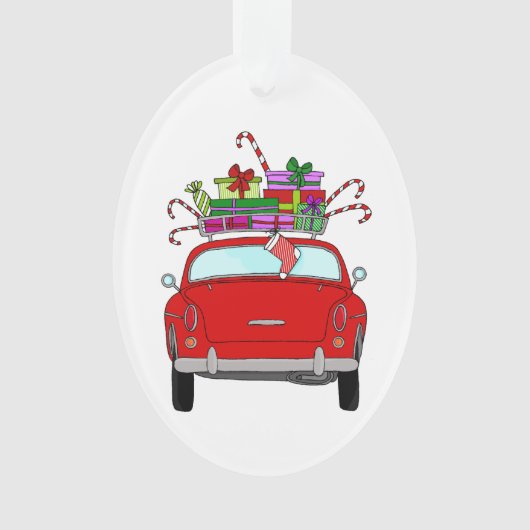 Rode auto met kerstcadeaus ornament (voorkant)