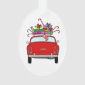Rode auto met kerstcadeaus ornament (achterkant)