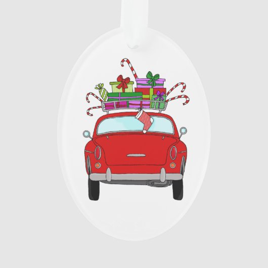 Rode auto met kerstcadeaus ornament (achterkant)