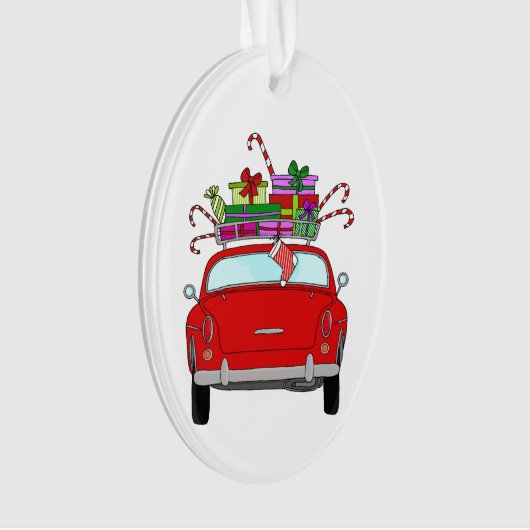 Rode auto met kerstcadeaus ornament (voorkant)