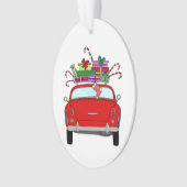 Rode auto met kerstcadeaus ornament (voorkant)