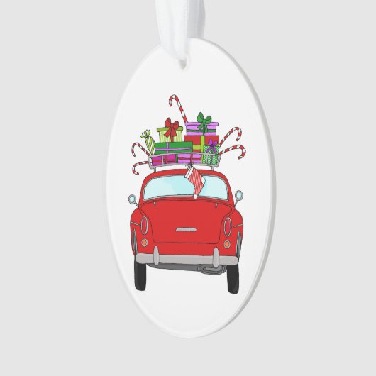 Rode auto met kerstcadeaus ornament (voorkant)