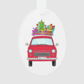 Rode auto met kerstcadeaus ornament (voorkant)