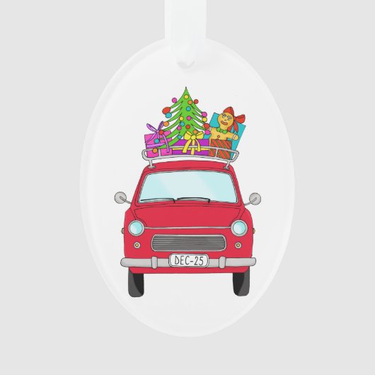 Rode auto met kerstcadeaus ornament (voorkant)
