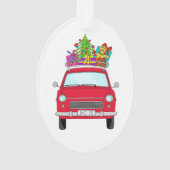 Rode auto met kerstcadeaus ornament (achterkant)