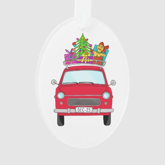 Rode auto met kerstcadeaus ornament (achterkant)