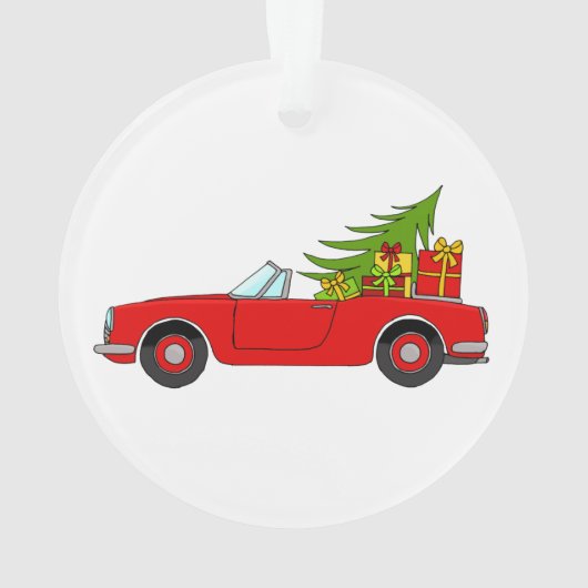 Rode auto met kerstcadeaus ornament (achterkant)