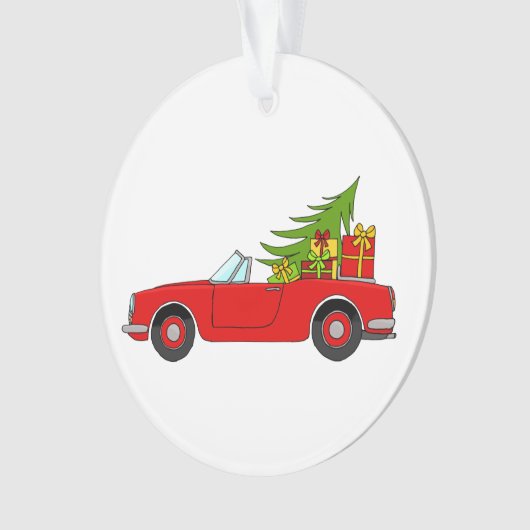 Rode auto met kerstcadeaus ornament (voorkant)