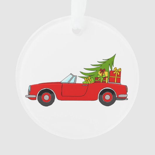 Rode auto met kerstcadeaus ornament (voorkant)