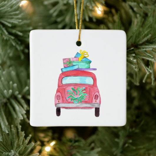 Rode auto met kerstcadeaus waterverf keramisch ornament (Boom)