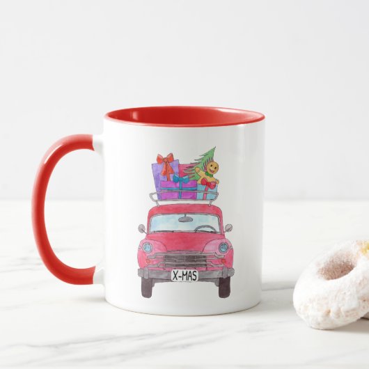 Rode auto met kerstcadeaus Waterverf Mok (Met donut)