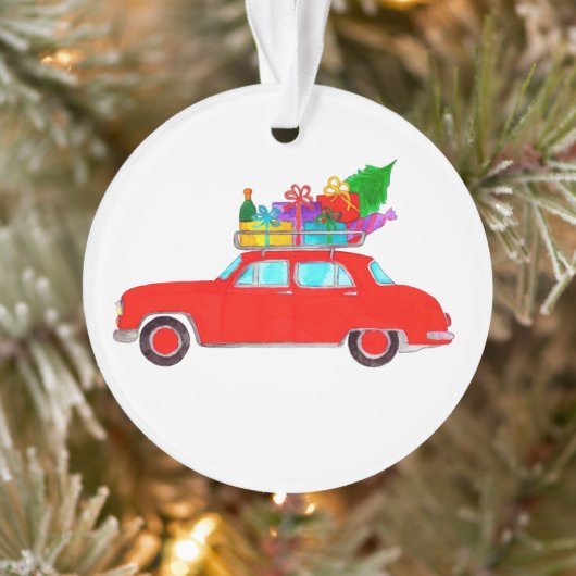Rode auto met kerstcadeaus waterverf ornament (Boom)
