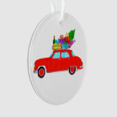 Rode auto met kerstcadeaus waterverf ornament (voorkant)