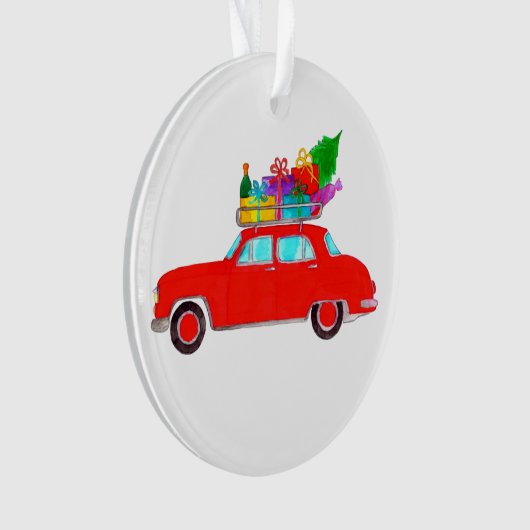 Rode auto met kerstcadeaus waterverf ornament (voorkant)