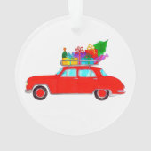 Rode auto met kerstcadeaus waterverf ornament (achterkant)