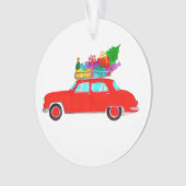 Rode auto met kerstcadeaus waterverf ornament (voorkant)