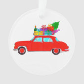 Rode auto met kerstcadeaus waterverf ornament (voorkant)