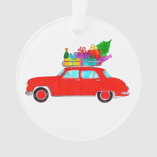 Rode auto met kerstcadeaus waterverf ornament (voorkant)