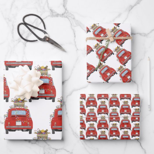 Rode auto met kerstcadeautjes Verpakkingspapier Inpakpapier Vel (Voorkant)