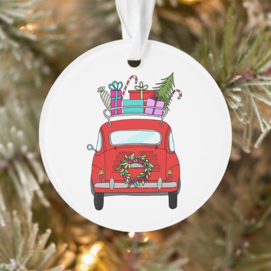 Rode auto met kerstcadeauversiering ornament (Boom)