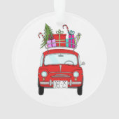 Rode auto met kerstcadeauversiering ornament (achterkant)
