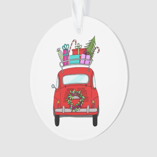 Rode auto met kerstcadeauversiering ornament (voorkant)