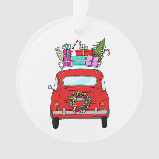 Rode auto met kerstcadeauversiering ornament (voorkant)