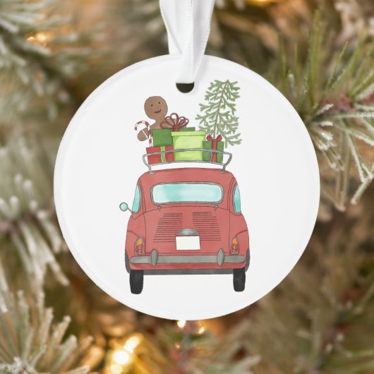 Rode auto met kerstcadeauversiering ornament (Boom)