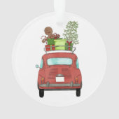 Rode auto met kerstcadeauversiering ornament (achterkant)