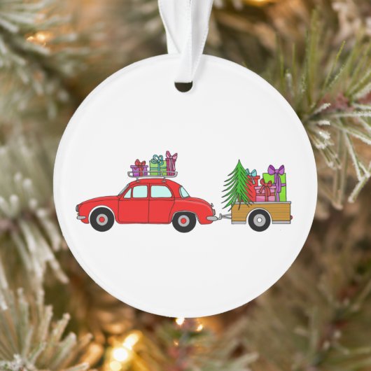 Rode auto met kerstcadeauversiering ornament (Boom)