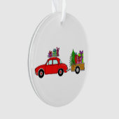 Rode auto met kerstcadeauversiering ornament (voorkant)