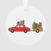 Rode auto met kerstcadeauversiering ornament (achterkant)