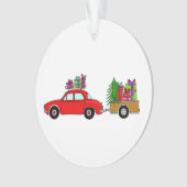 Rode auto met kerstcadeauversiering ornament (voorkant)