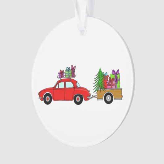 Rode auto met kerstcadeauversiering ornament (voorkant)