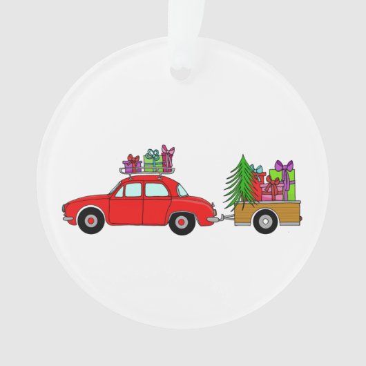 Rode auto met kerstcadeauversiering ornament (voorkant)