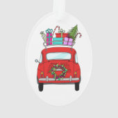 Rode auto met kerstcadeauversiering ornament (achterkant)