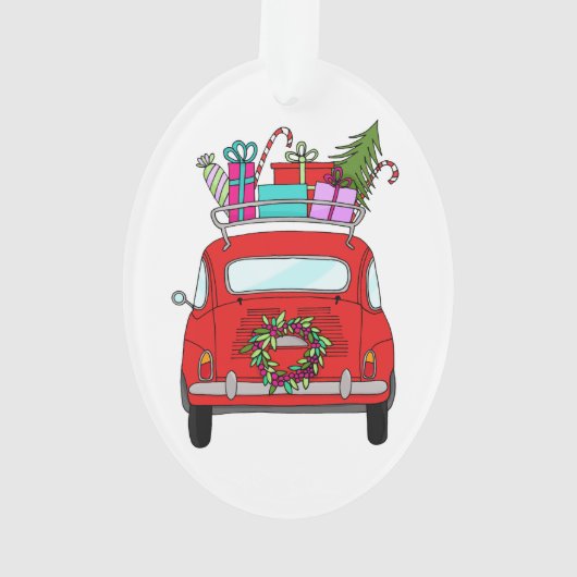 Rode auto met kerstcadeauversiering ornament (achterkant)
