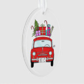 Rode auto met kerstcadeauversiering ornament (voorkant)