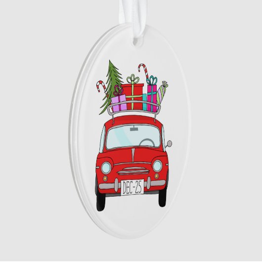 Rode auto met kerstcadeauversiering ornament (voorkant)