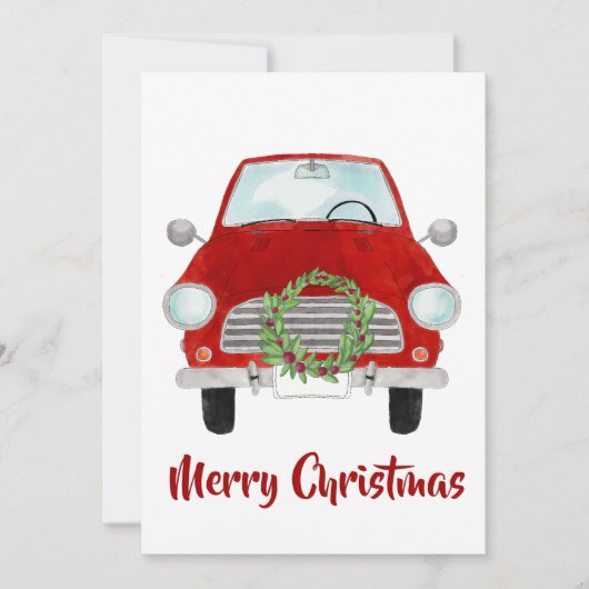 Rode auto met kerstkaartje feestdagenkaart (Voorkant)