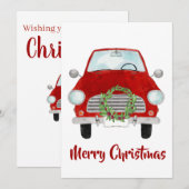 Rode auto met kerstkaartje feestdagenkaart (Voorkant / Achterkant)