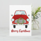 Rode auto met kerstkaartje feestdagenkaart (Staand voorkant)